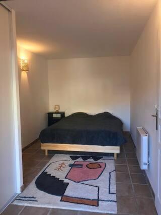 une chambre avec un lit et un tapis au sol dans l'établissement Chambre,Salle de bain,Terrasse, à Saint-Gilles