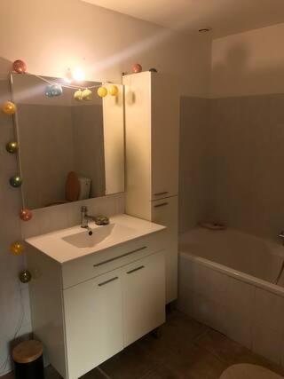 une salle de bain avec un lavabo, une baignoire et un miroir dans l'établissement Chambre,Salle de bain,Terrasse, à Saint-Gilles