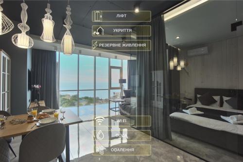 a rendering of a living room with a bedroom at Gagarin Plaza Luxury Sea View Apartments in Odesa