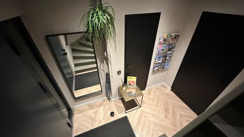 an overhead view of a hallway with a mirror and a plant at Boutique Hotel Le Faucon in Valkenburg