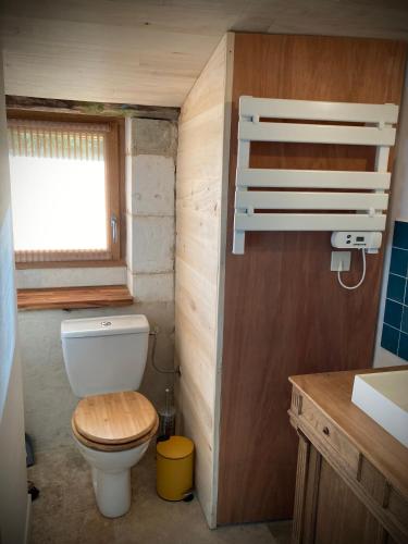 Elle comprend une petite salle de bains pourvue de toilettes et d'une fenêtre. dans l'établissement Joli gîte au calme, à Champagnac-de-Bélair