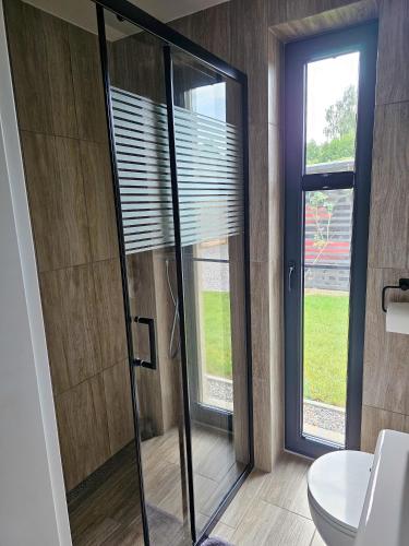 a bathroom with a glass shower with a window at Hytte Na Wyspie -,,Roztoczańskie Morze'' in Kulików
