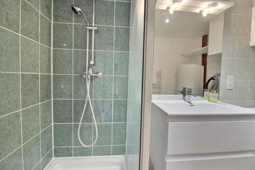 une salle de bain avec douche et lavabo dans l'établissement Le Verd'oyant - Calme et Parking - Proche Centre - Mon Groom, à Troyes