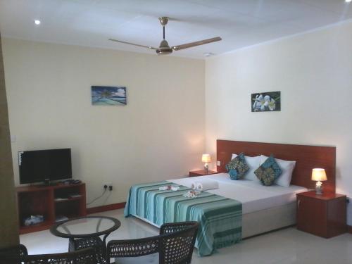 a hotel room with a bed and a tv at Precious Residence C in Grand'Anse