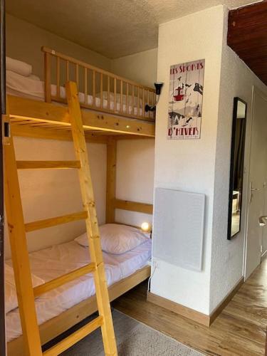 une chambre avec deux lits superposés et une échelle dans l'établissement Studio Auron 4 couchages, à Saint-Étienne-de-Tinée