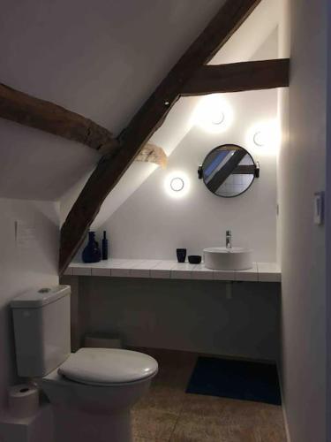 une salle de bain avec des toilettes blanches et un lavabo dans l'établissement Les bleuets, Fermette Picarde avec grand jardin, à Rue