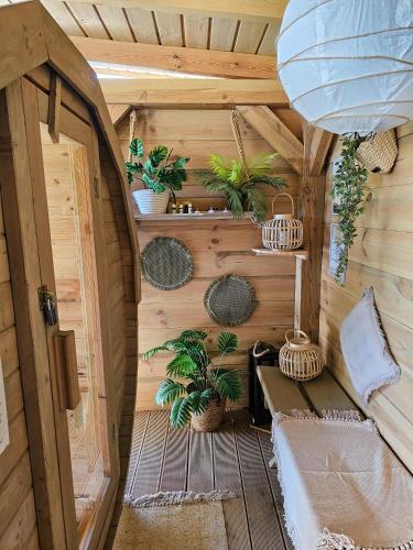 an outside view of a tiny house with plants at Hytte Na Wyspie -,,Roztoczańskie Morze'' in Kulików