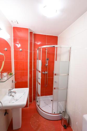 a bathroom with a shower and a sink at Hotel Transilvania in Cluj-Napoca