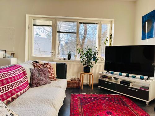 a living room with a couch and a flat screen tv at Cozy Condo in Käpylä in Helsinki