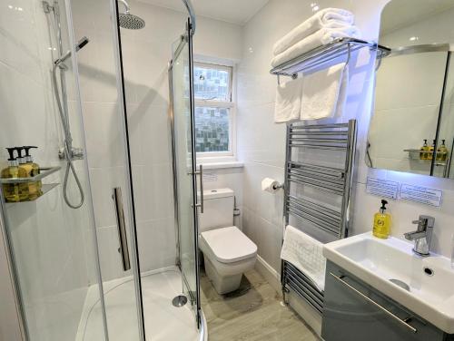 a bathroom with a shower and a toilet and a sink at The Claremont Hotel-Adult Only in Polperro