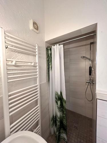 ein Bad mit einem Duschvorhang und einem WC in der Unterkunft Wiehenkrug in Lübbecke