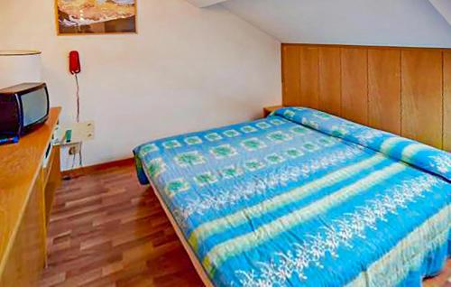 a bedroom with a bed with a blue comforter and a television at Stunning Apartment In Vason in Vason