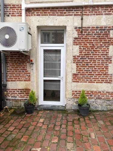 une fenêtre d'un bâtiment en briques avec deux plantes en pot dans l'établissement Hotel particulier jazs, à Cambrai