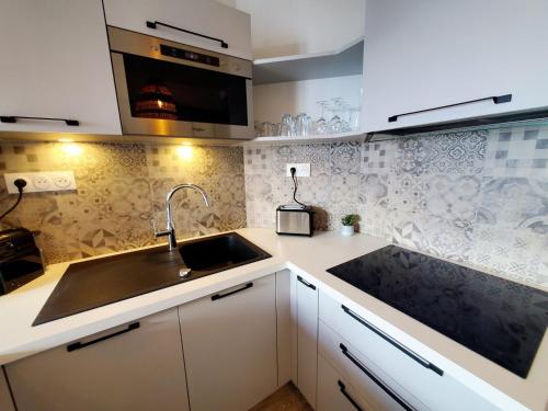 une cuisine avec un évier et un plan de travail dans l'établissement L'Igloo, 2050m La Plagne, F2 Haut de gamme, à La Plagne Tarentaise