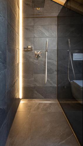 a bathroom with a shower with a toilet and a sink at FOR MOMENTS Apartments & Spa in Roßhaupten