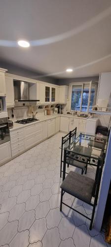 une grande cuisine avec une table en verre et une chaise dans l'établissement Maison de ville, à Villeurbanne