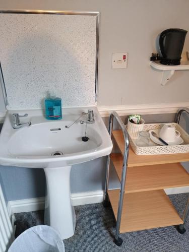 a bathroom with a white sink and a mirror at sark guest house in Barnstaple