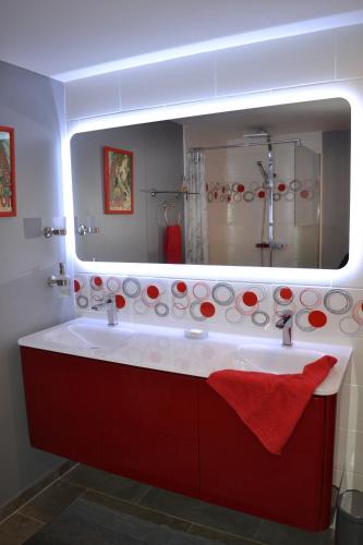 La salle de bains est pourvue d'un lavabo rouge et d'un miroir. dans l'établissement Gîte à labry, à La Rochepot