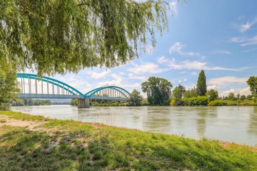 a bridge over a river with trees and water at Le Francfort - Les appartements de l'olivier in Loyettes
