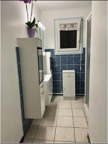 une salle de bain avec un lavabo et un miroir dans l'établissement Appartement rez-de-jardin proche du centre ville et de la cure, à Amélie-les-Bains-Palalda