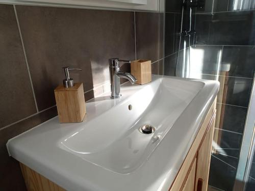 La salle de bains est pourvue d'un lavabo et d'un robinet. dans l'établissement Une fenêtre à la campagne, à Saint-Désir