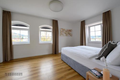 a bedroom with a bed and two windows at Hiša Janko in Dolenjske Toplice