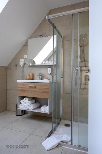 a bathroom with a shower and a sink at Hiša Janko in Dolenjske Toplice