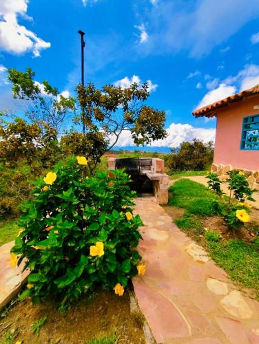 a garden with yellow flowers and a stone walkway at Cabañas SALMAGUA in Los Santos