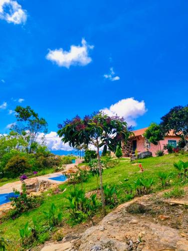 a house on a hill next to a pool at Cabañas SALMAGUA in Los Santos