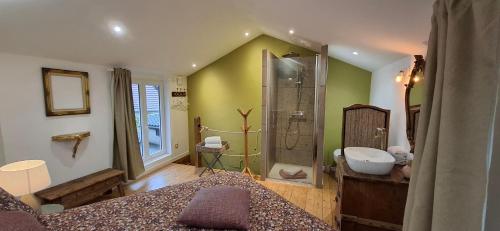 a large bathroom with a shower and a bed at Le Grand Cru in Cramant