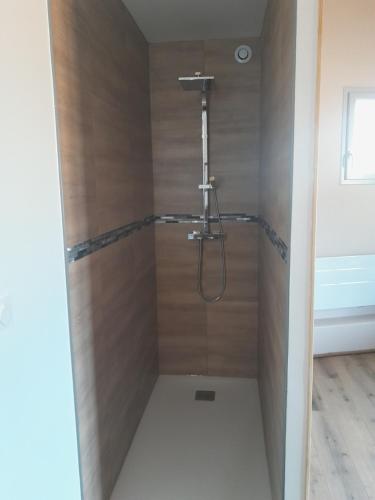 a bathroom with a shower with wooden walls at O coeur du medoc in Saint-Julien-Beychevelle
