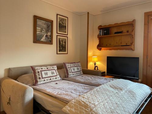 un soggiorno con un divano e una televisione di Appartamento Rin, Livigno a Livigno