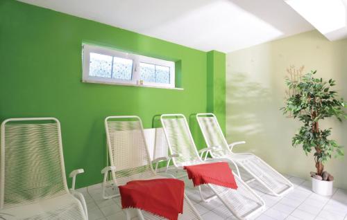 a group of chairs in a room with green walls at Fewo Neuschönberg 2 Og in Neu Schönberg