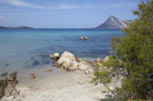 a beach with rocks and a mountain in the water at Appartamento Mare Sardegna Porto San Paolo in Porto San Paolo