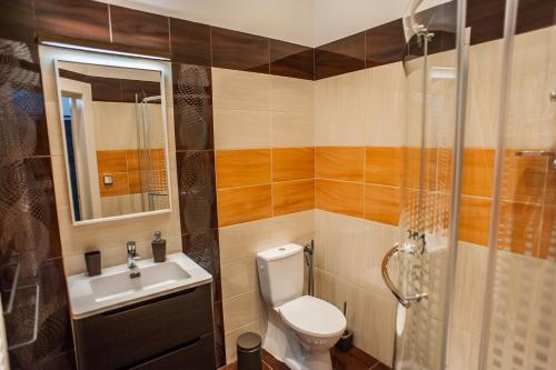 a bathroom with a toilet and a sink and a shower at All In Apartman in Budapest