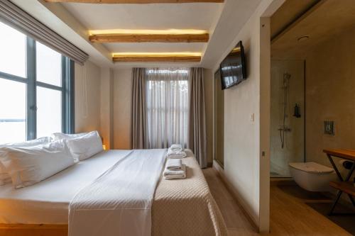 a bedroom with a bed and a tub and a television at Panellinion Luxury Rooms in Kalamata
