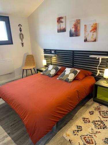 - une chambre avec un grand lit orange et 2 oreillers dans l'établissement Lorraine - Apt avec 1ch en centre ville, à Auch