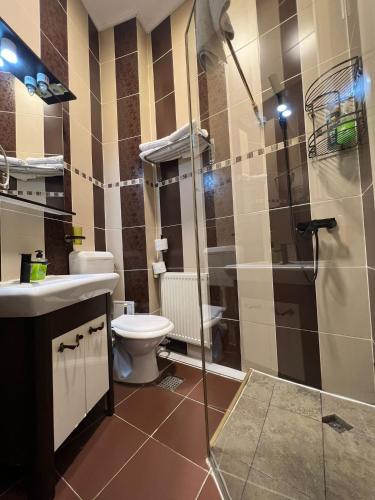 a bathroom with a shower and a toilet and a sink at Hotel EvoZava Central in Bucharest