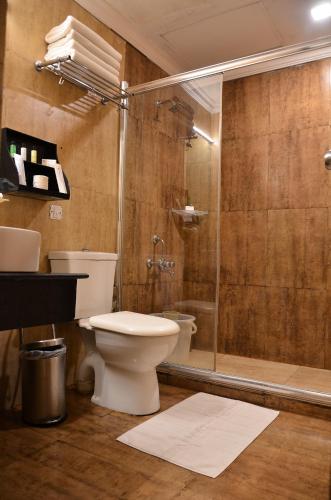 a bathroom with a toilet and a shower at Benzz Park Family Resort Kodaikanal in Kodaikānāl