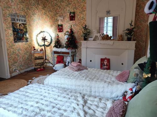 - une chambre avec un grand lit et une cheminée dans l'établissement Chambre Familiale, à Champdeniers