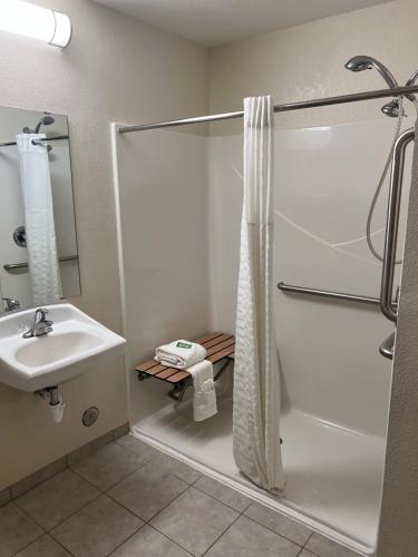 a bathroom with a shower and a sink at GrandStay Hotel & Suites Becker in Becker