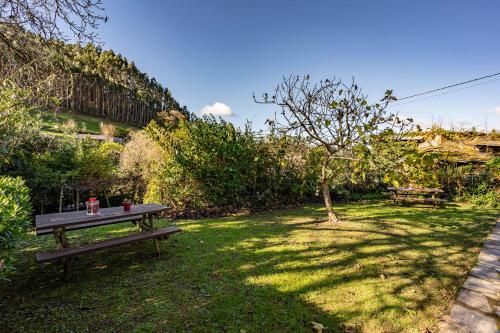 a picnic table in the grass in a garden at Nogueira in Vega de Logares