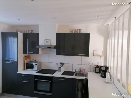 La cuisine est équipée de placards noirs, d'un évier et d'un four micro-ondes. dans l'établissement La Villa, à La Londe-les-Maures