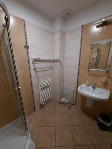 a small bathroom with a sink and a shower at apartmán Sienna in Bešeňová