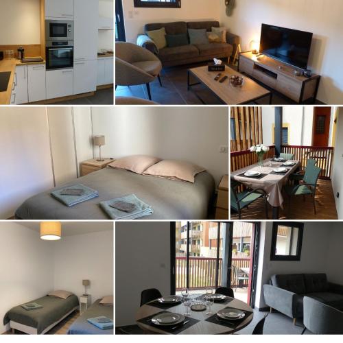 un collage de photos d'un salon et d'une cuisine dans l'établissement Le 206 Appartement Moderne et Cosy-Terrasse -Centre-Parking-Wifi, à Bourg-Saint-Maurice