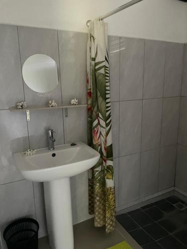 a bathroom with a sink and a mirror at Makalii lodge in Tiputa