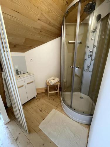 - une salle de bains avec douche dans l'angle de la chambre dans l'établissement Maison So de Cloze, à Luz-Saint-Sauveur