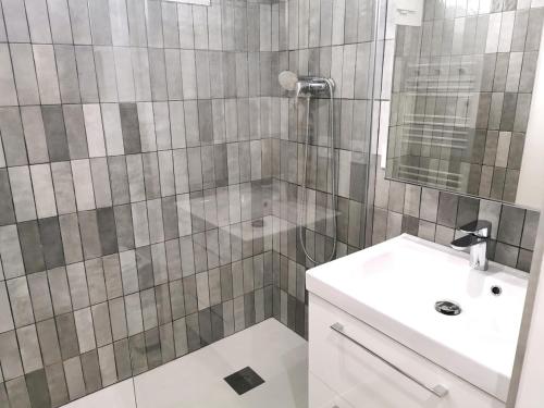 une salle de bain avec une douche avec un lavabo et un miroir dans l'établissement Appartement baie des anges vue sur mer, garage, à La Ciotat