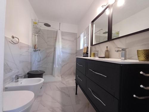 Un baño con lavabo, inodoro y ducha. en Casa Luisa 1 trilocale, en Procchio