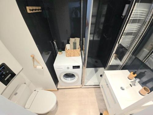 une petite salle de bain avec toilettes et lavabo dans l'établissement Studio avec balcon vue MontBlanc et parking gratuit le nid daigle, à Chamonix-Mont-Blanc